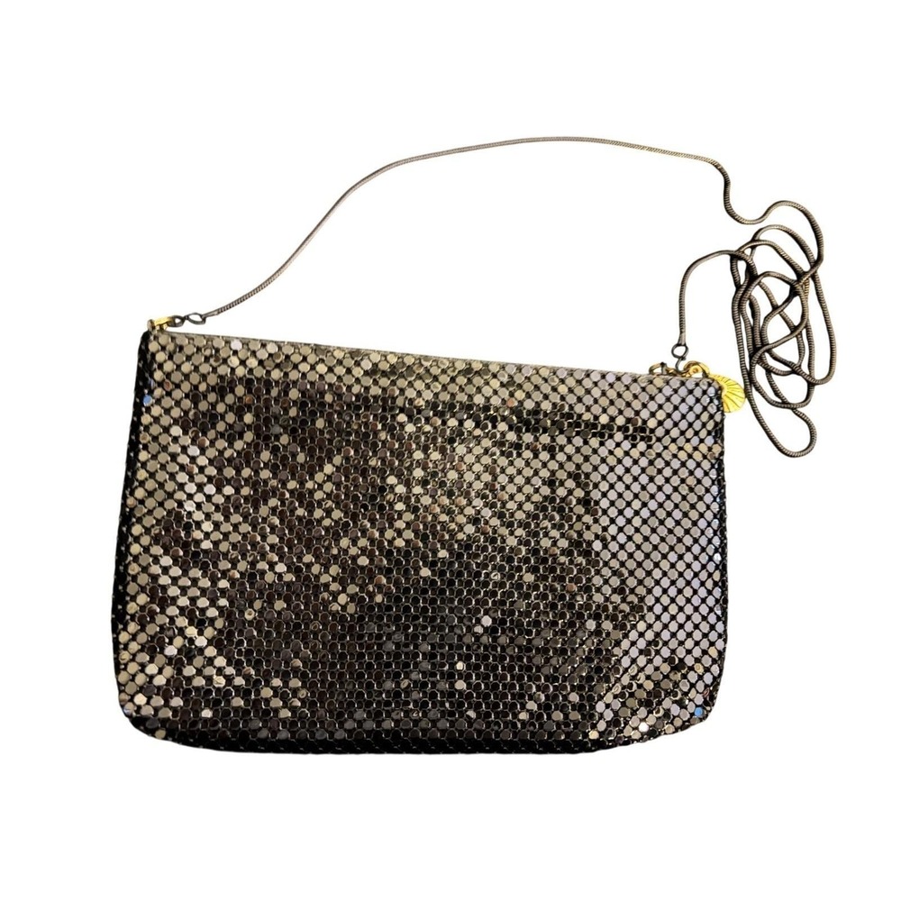 Vintage Black Metal Mesh Evening Clutch Bag with Snake‎ Chain Strap Gold Pull